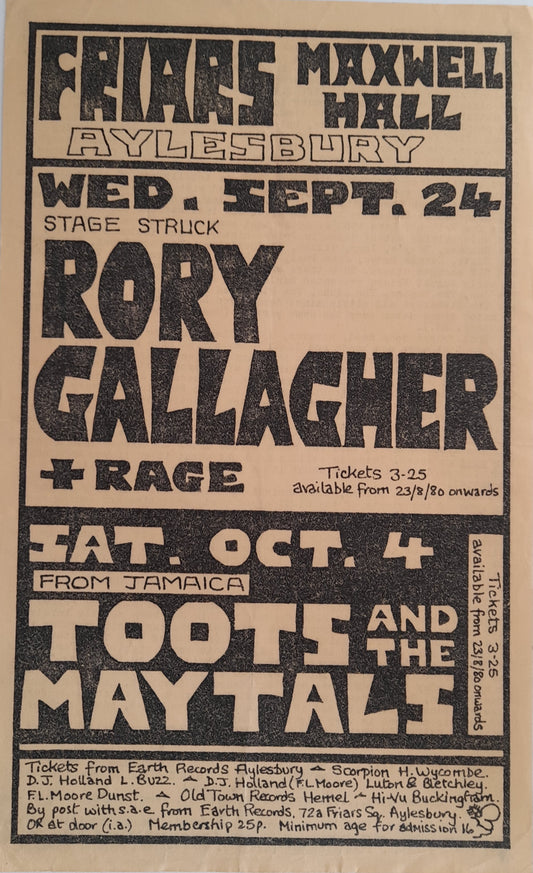 Rory Gallagher/Toots and the Maytals Friars Aylesbury Wednesday Septemer 24th 1980 Flyer