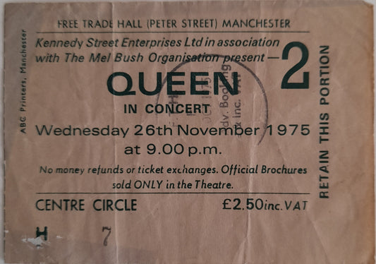 Queen used ticket stub from 26th November 1975 Manchester