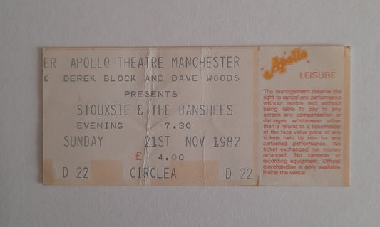Siouxsie & The Banshees Vintage Used Ticket Stub 21st November 1982 - Manchester