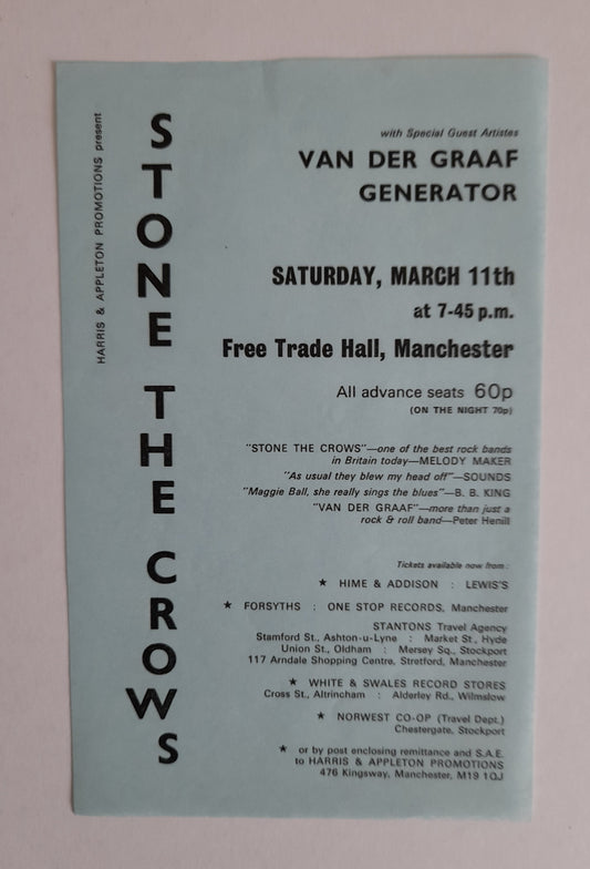 Stone The Crows, Van Der Graaf Generator Vintage Flyer Manchester 1972