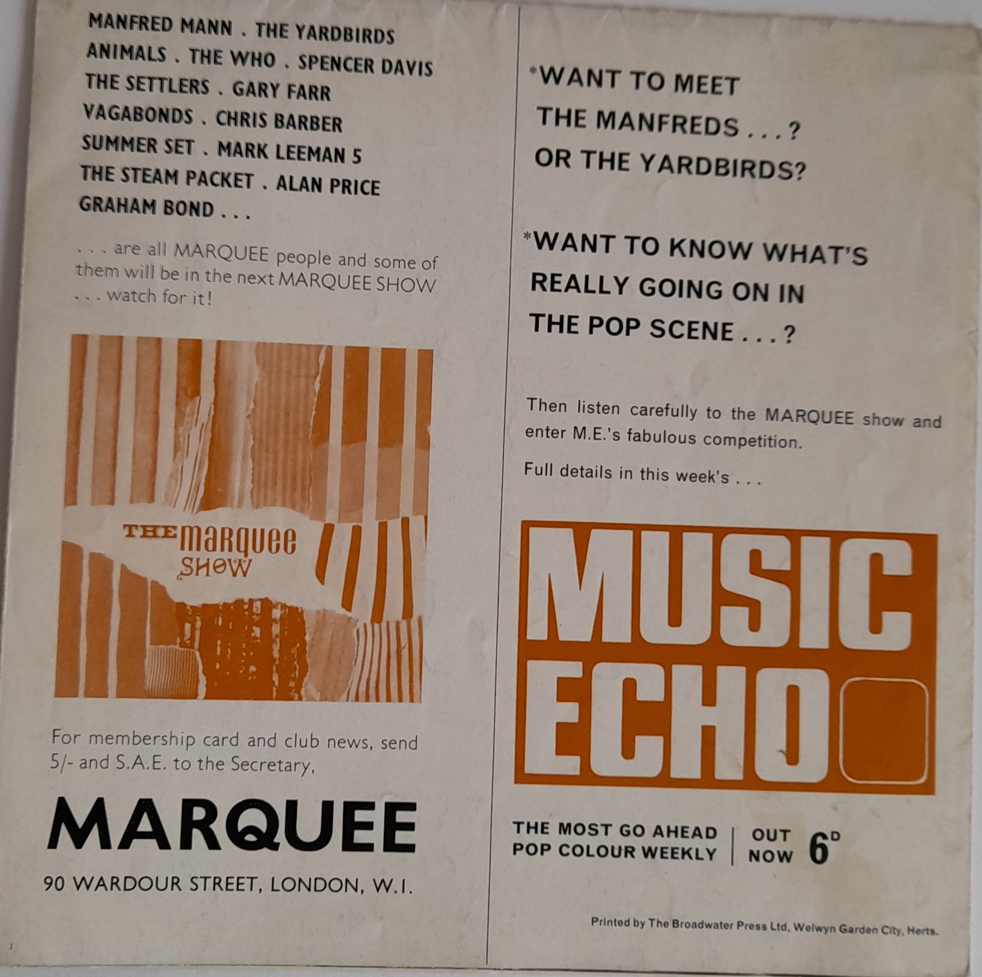 The Marquee Show 1960's Concert Programme Poster - Manfred Mann, Yardbirds, The Who, Animals + More