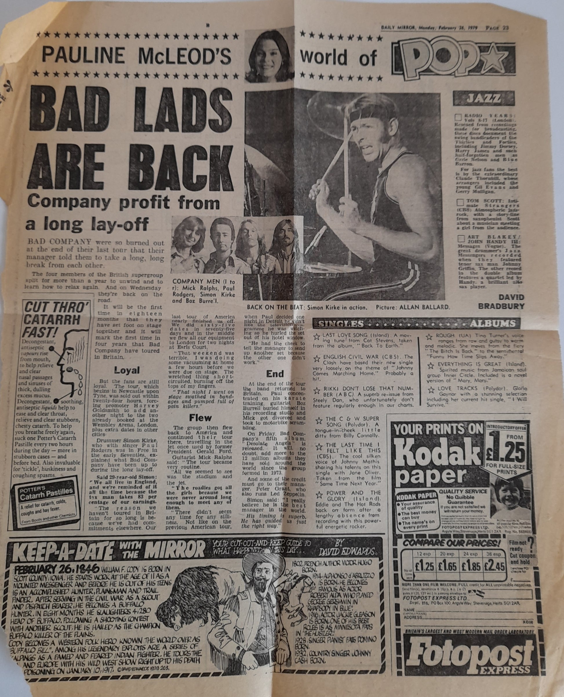 Bad Company British Tour Concert Programme 1979 plus newspaper cutting
