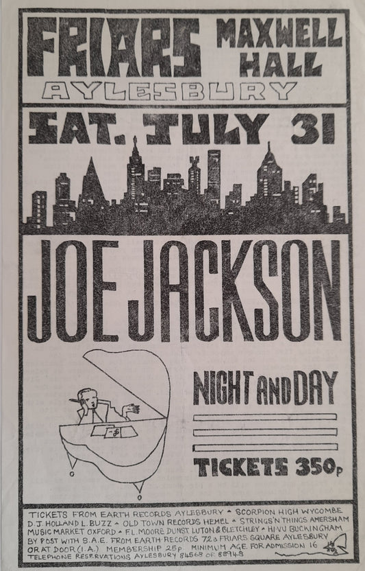 Joe Jackson at Friars at Maxwell Hall Aylesbury 1982 Flyer/Newsletter