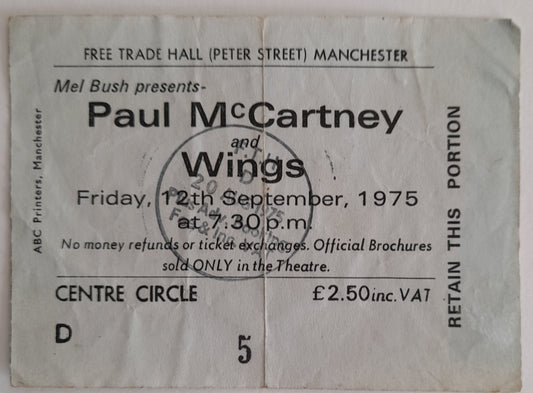 Paul McCartney and Wings used ticket stub from 12th September 1975 Manchester