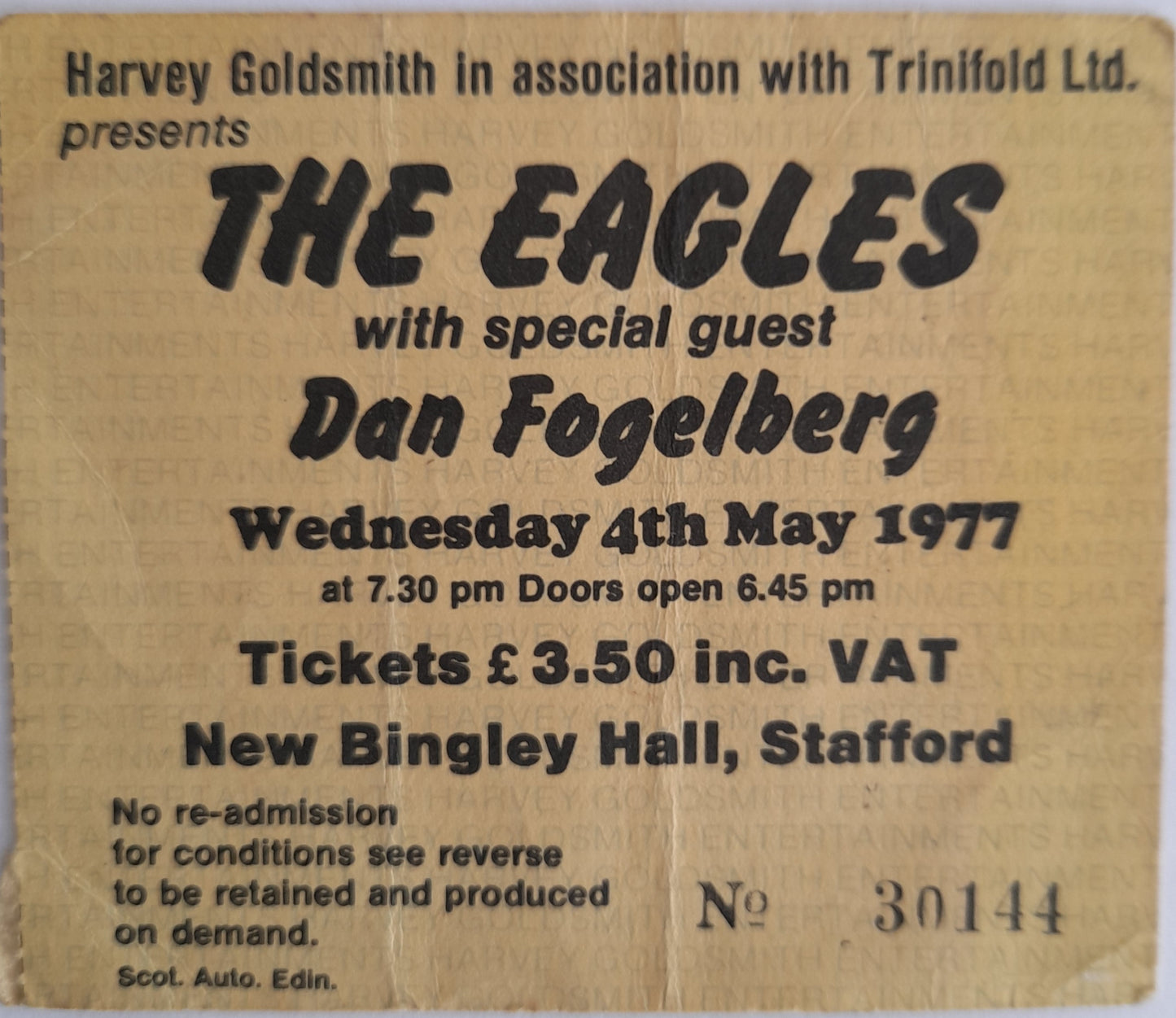 The Eagles with special guest Dan Fogelberg vintage used ticket stub 4th May 1977 Stafford