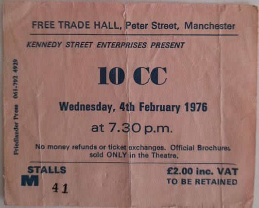 10CC vintage ticket stub 4th February 1976 Manchester European Tour