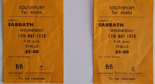 Black Sabbath used ticket stubs x 2 17th May 1978 Southport