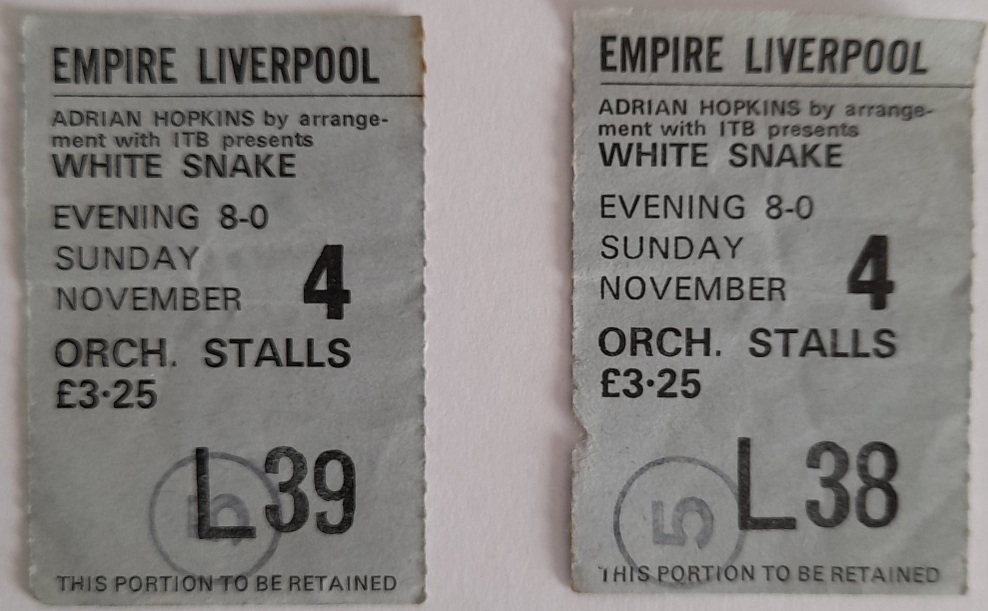 Whitesnake used vintage ticket stubs x 2 Empire Liverpool 4th November 1979