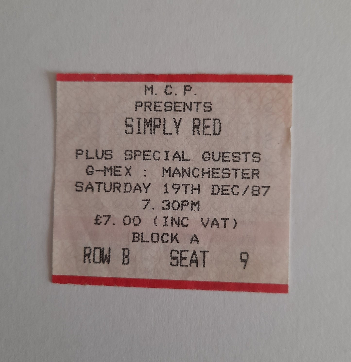 Simply Red Used ticket stub 19th December 1987 Manchester