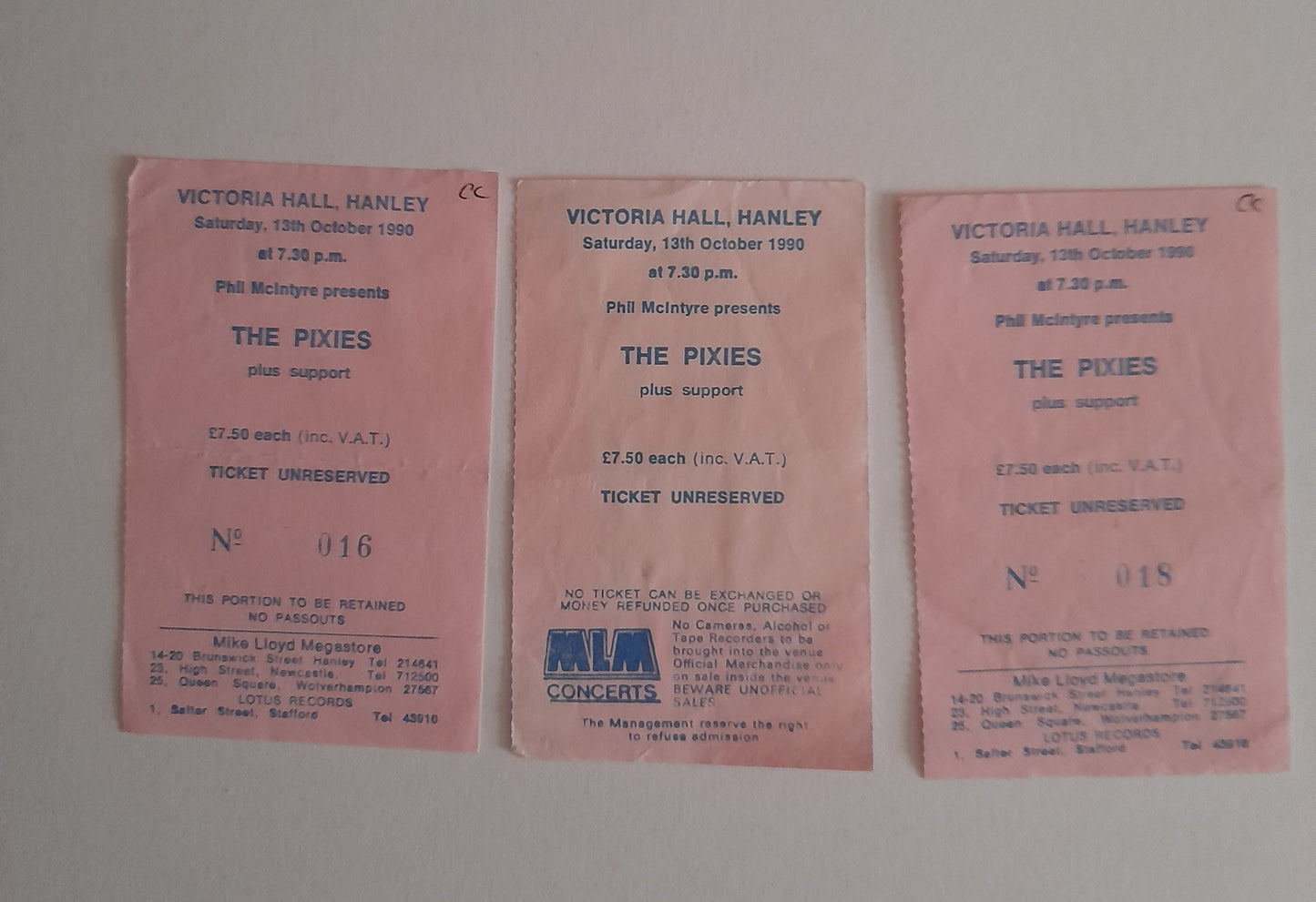 The Pixies 3 x Used Ticket Stubs 13th October 1990 - Hanley
