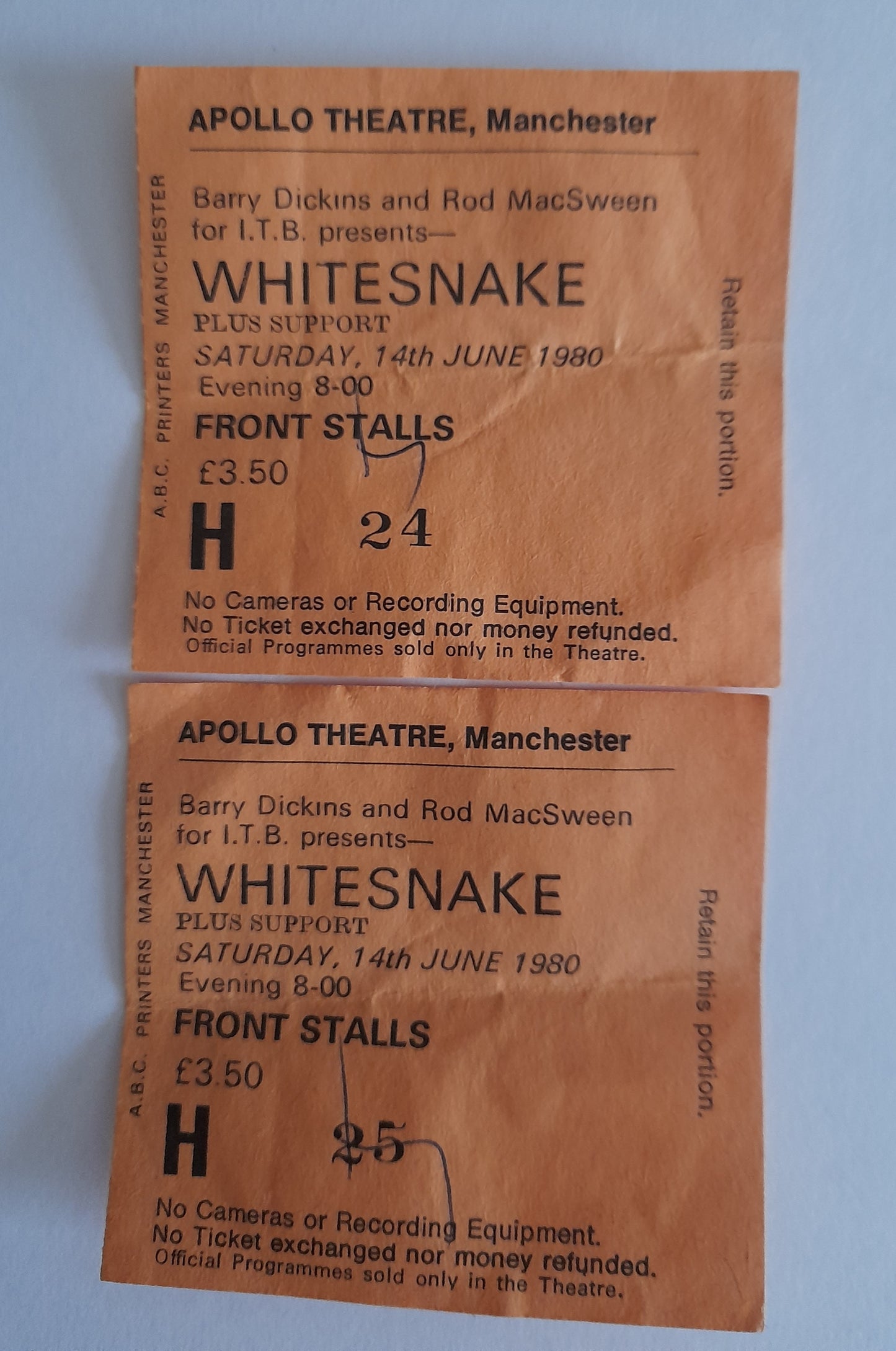 Whitesnake 2 x Used Ticket Stubs 14th June 1980 - Manchester
