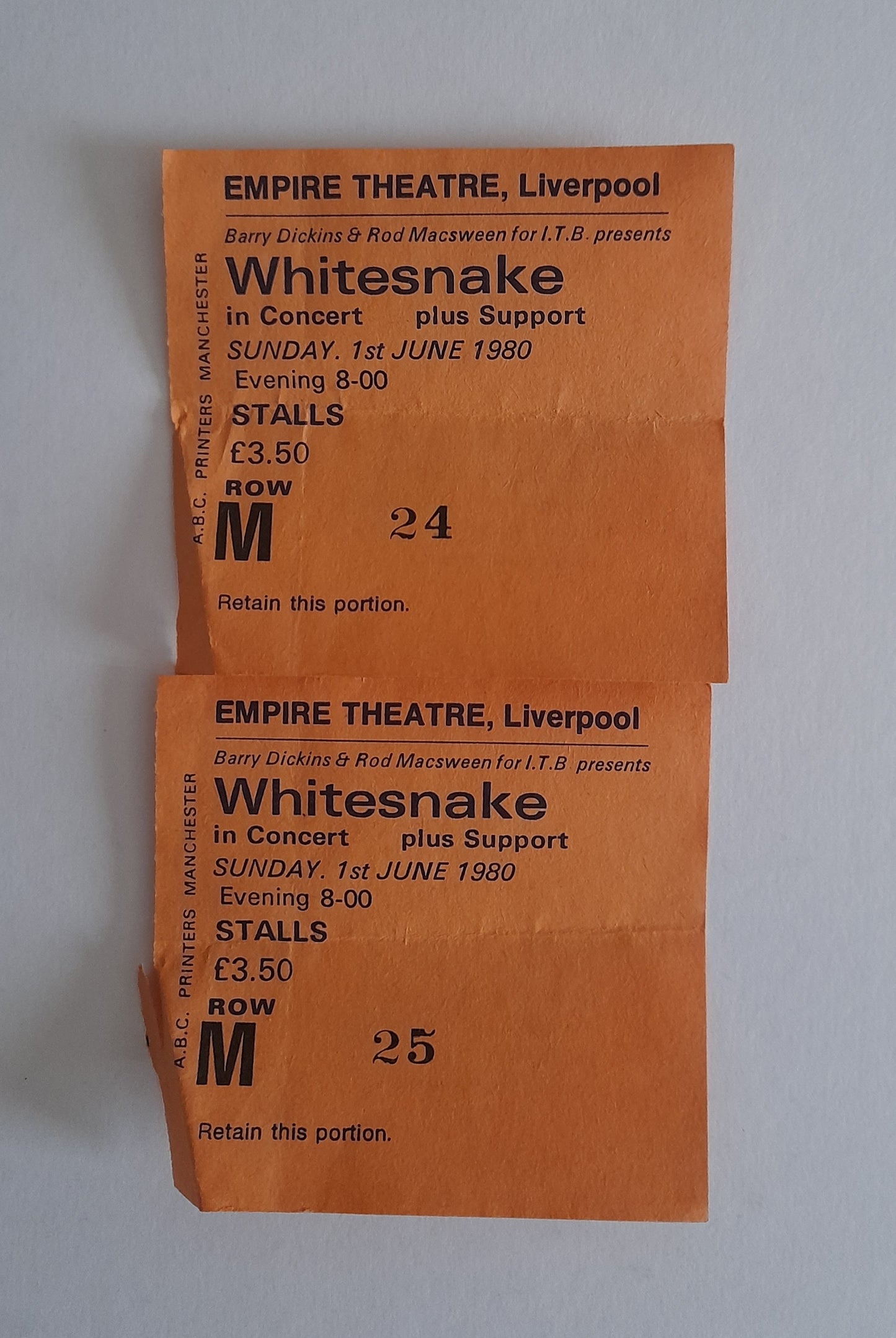 Whitesnake 2 x Used Ticket Stubs 1st June 1980 - Liverpool