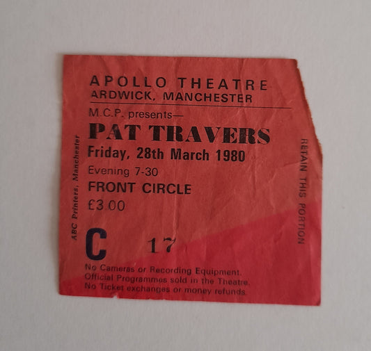 Pat Travers Vintage Used Ticket Stub 28th March 1980- Manchester