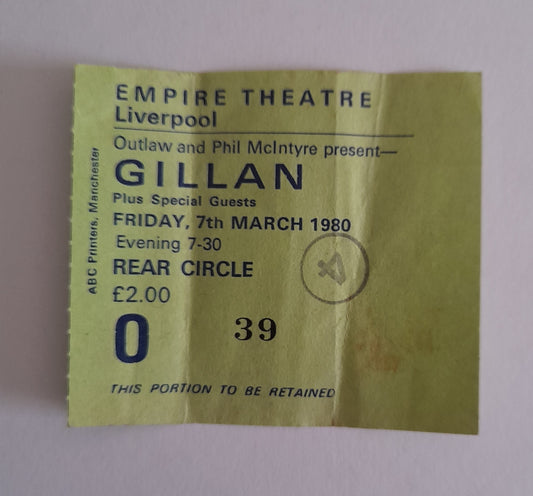 Gillan Vintage Used Ticket Stub 7th March 1980- Liverpool 