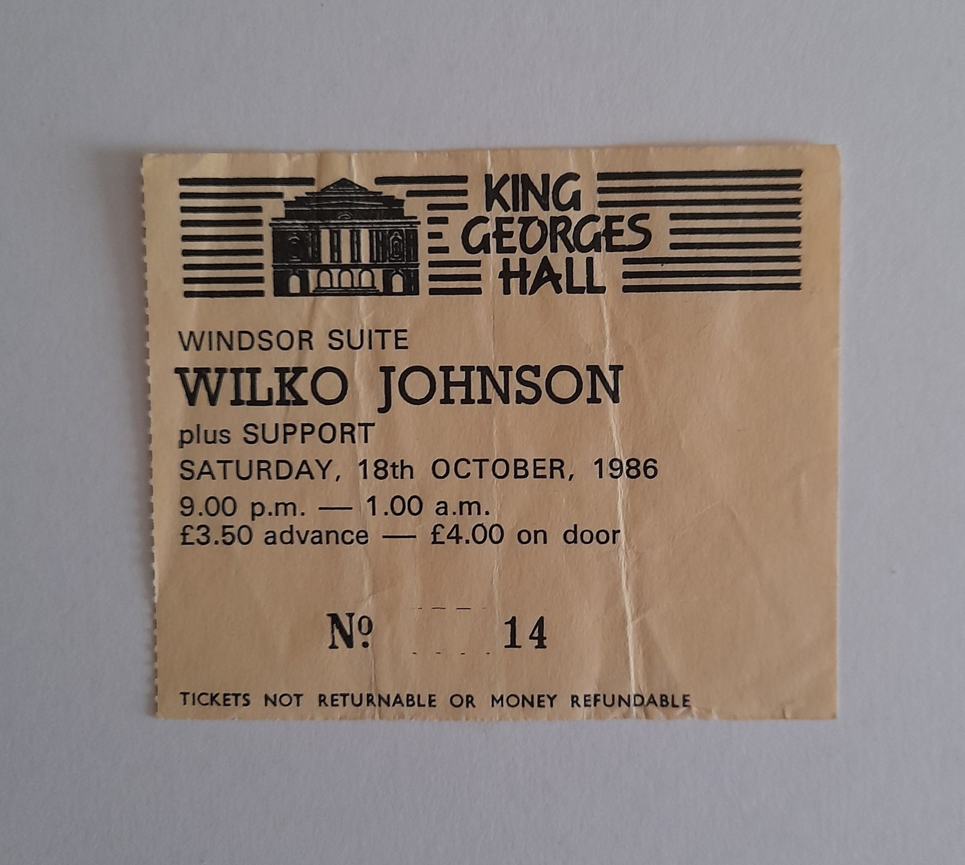 Wilko Johnson (Dr Feelgood fame) Vintage Used Ticket Stub 18th October 1986- Blackburn