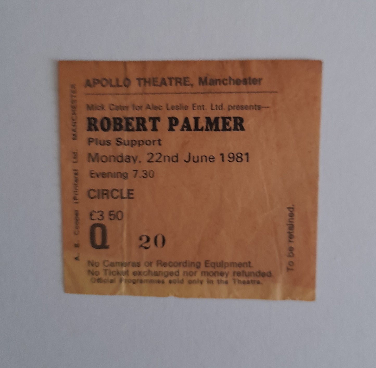Robert Palmer Vintage Used Ticket Stub 22nd June 1981 - Manchester
