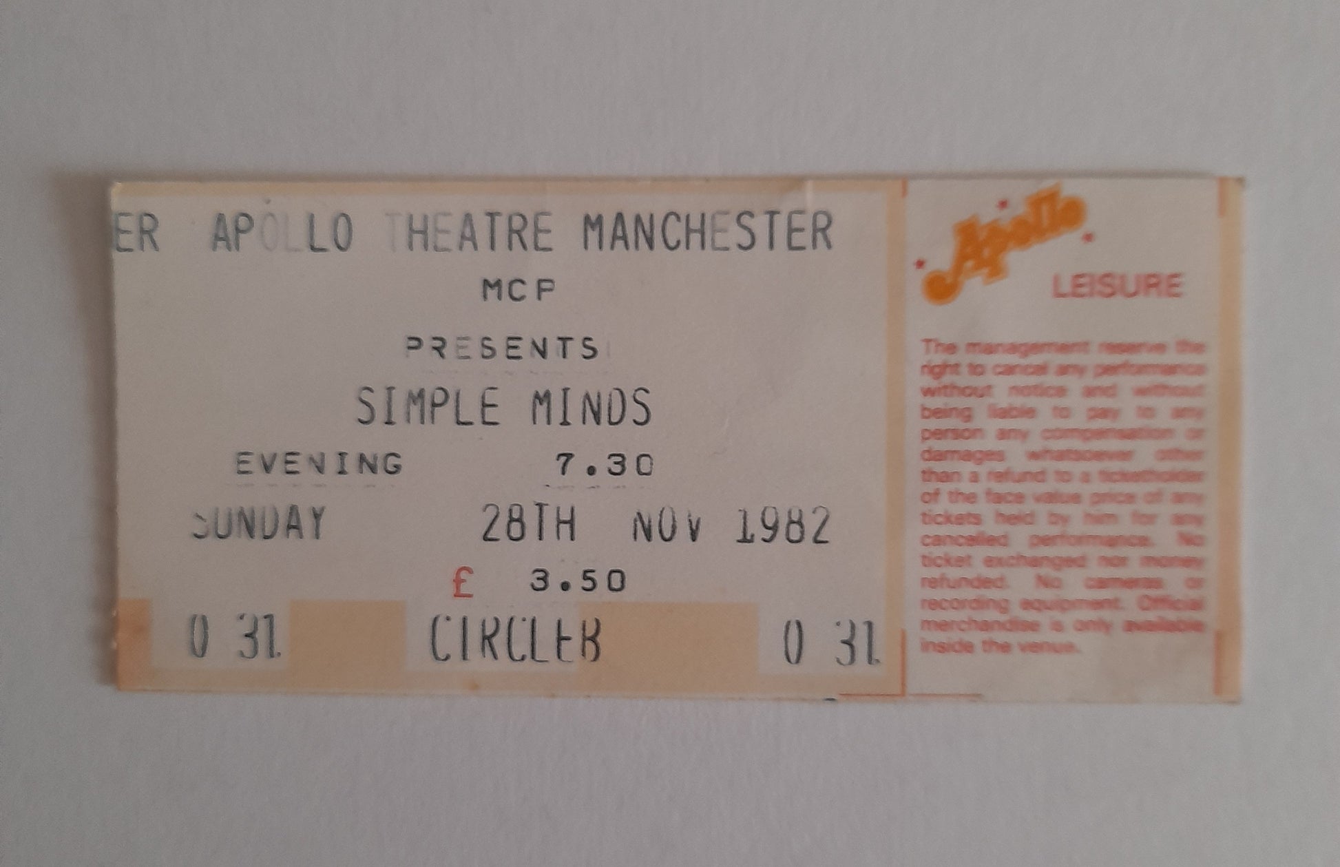 Simple Minds Vintage Used Ticket Stub 28th November 1982 - Manchester