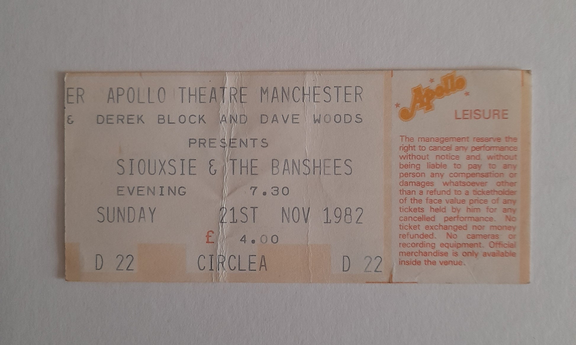 Siouxsie & The Banshees Vintage Used Ticket Stub 21st November 1982 - Manchester