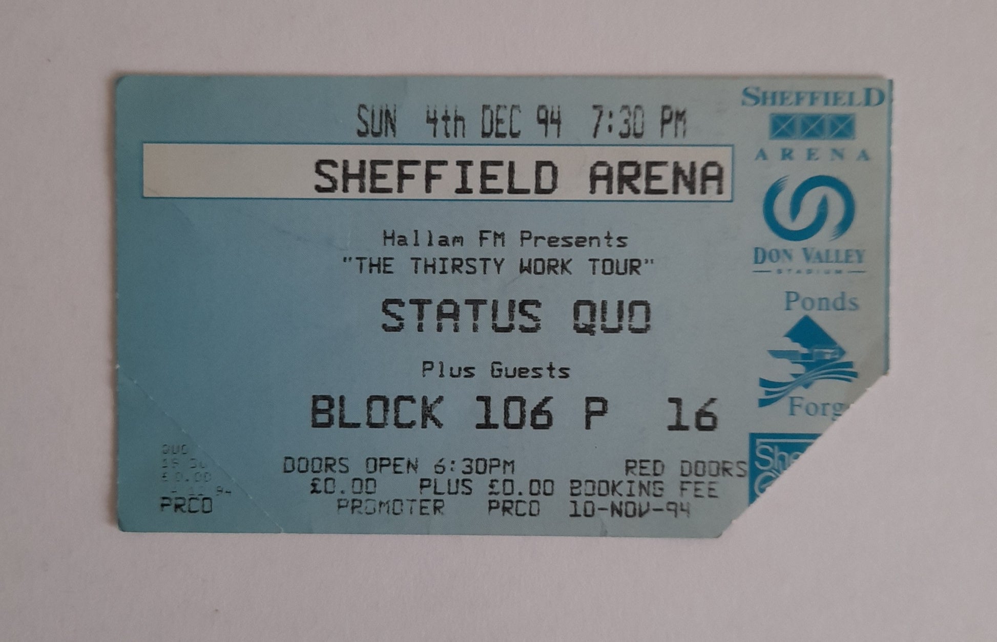 Status Quo Used Ticket Stub - Sheffield 1994
