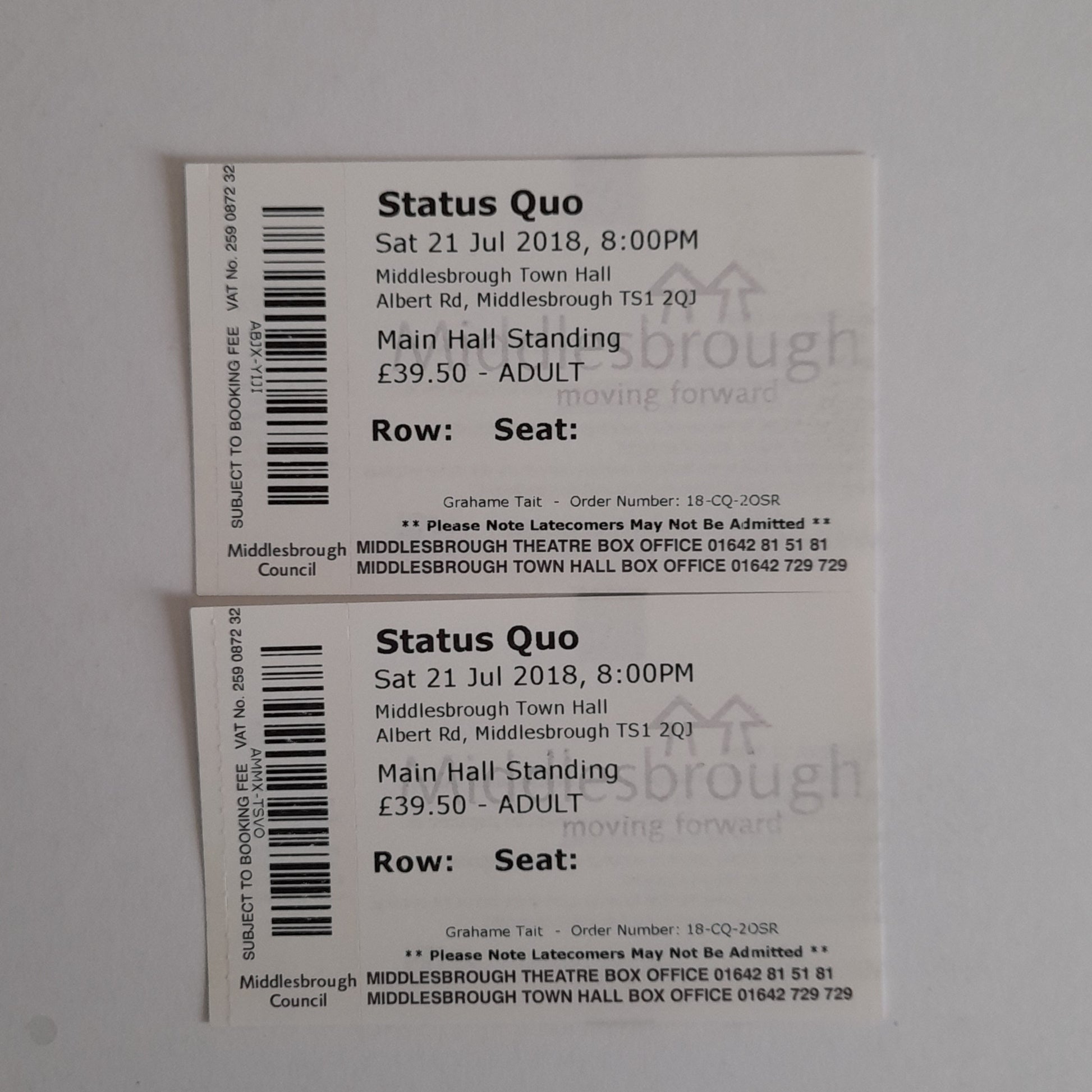 Status Quo 2 x Unused Tickets - Middlesbrough 2018