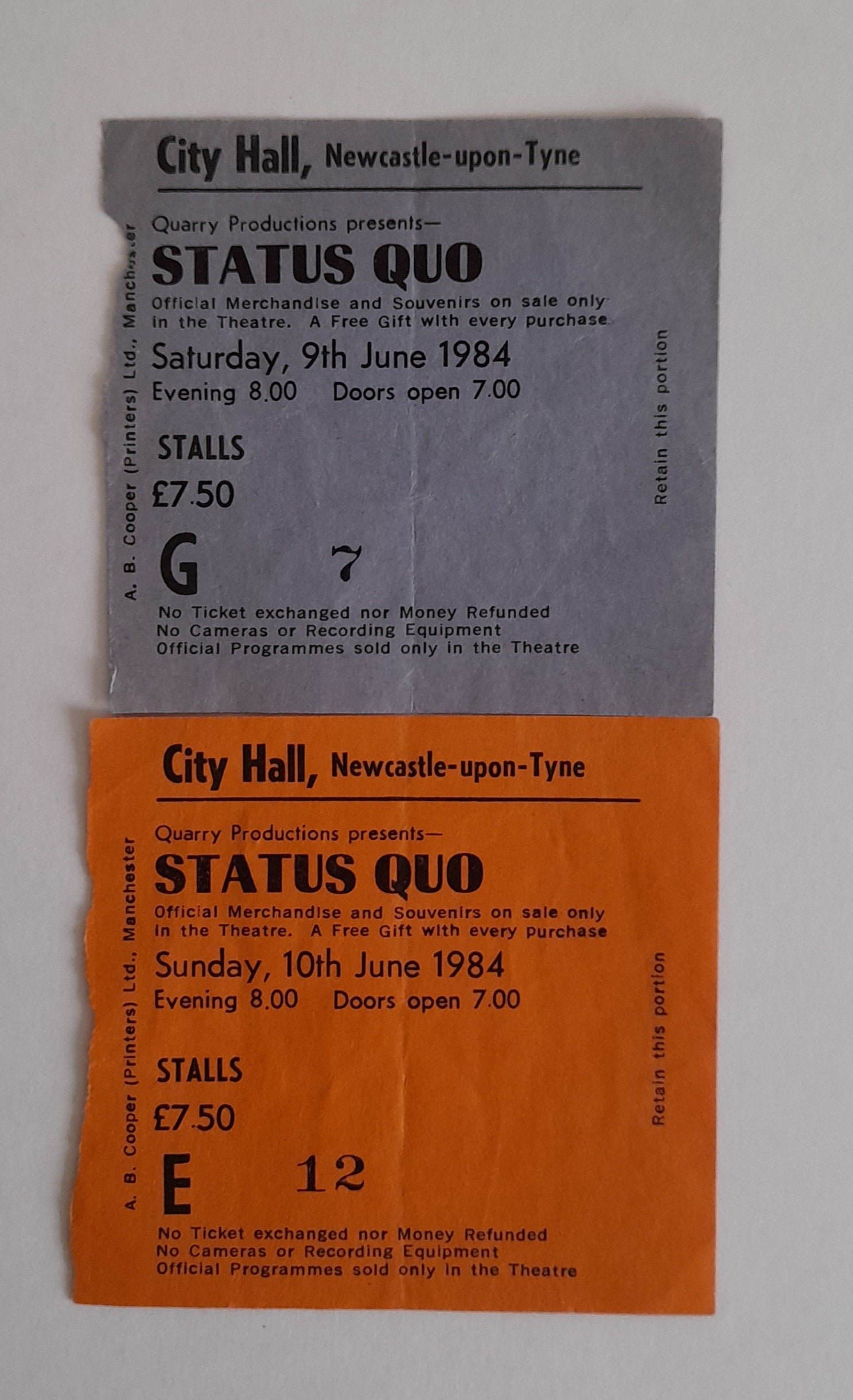 Status Quo 2 x used Ticket Stubs - Newcastle 1984