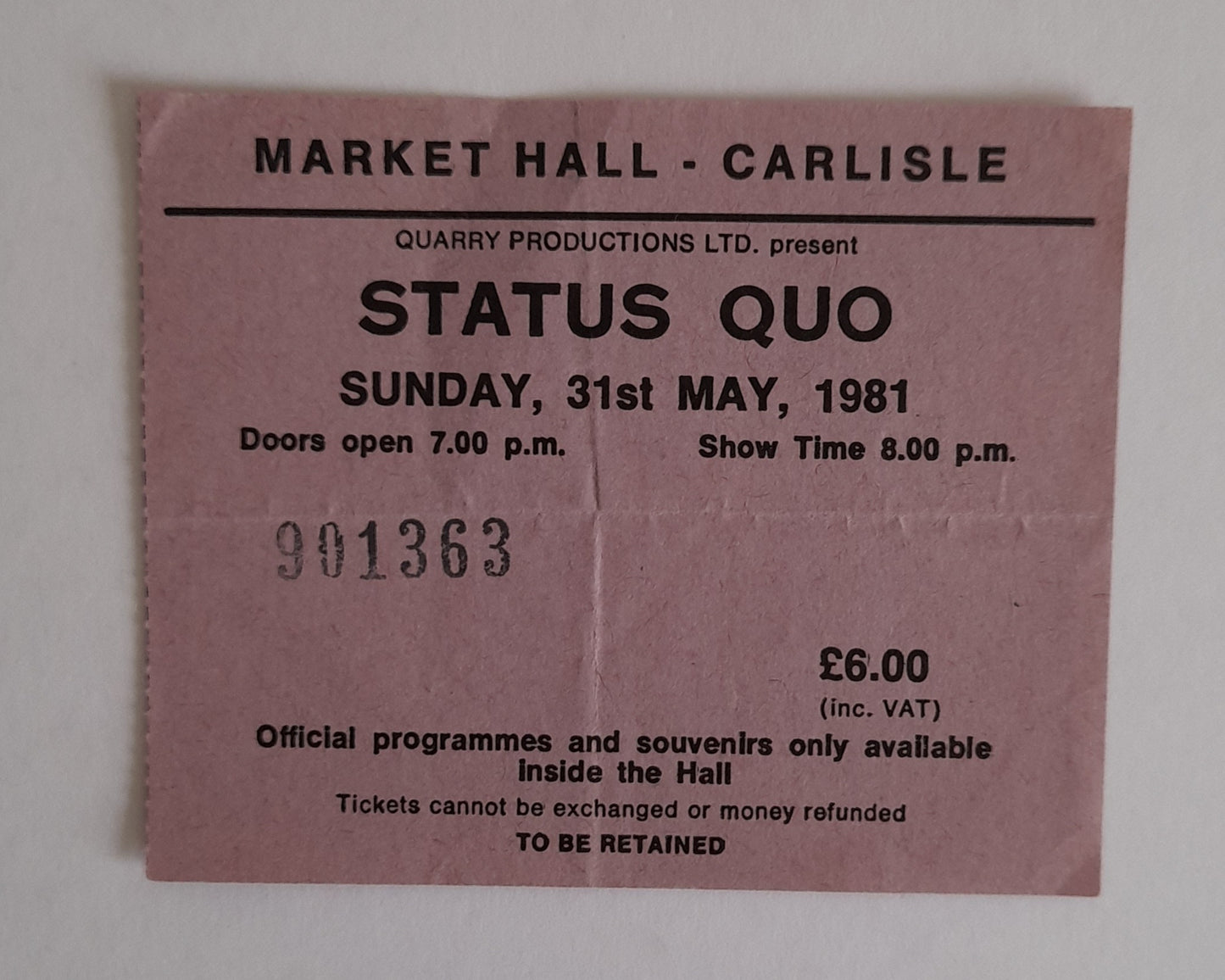 Status Quo Vintage Used Ticket Stub - Carlisle 1981