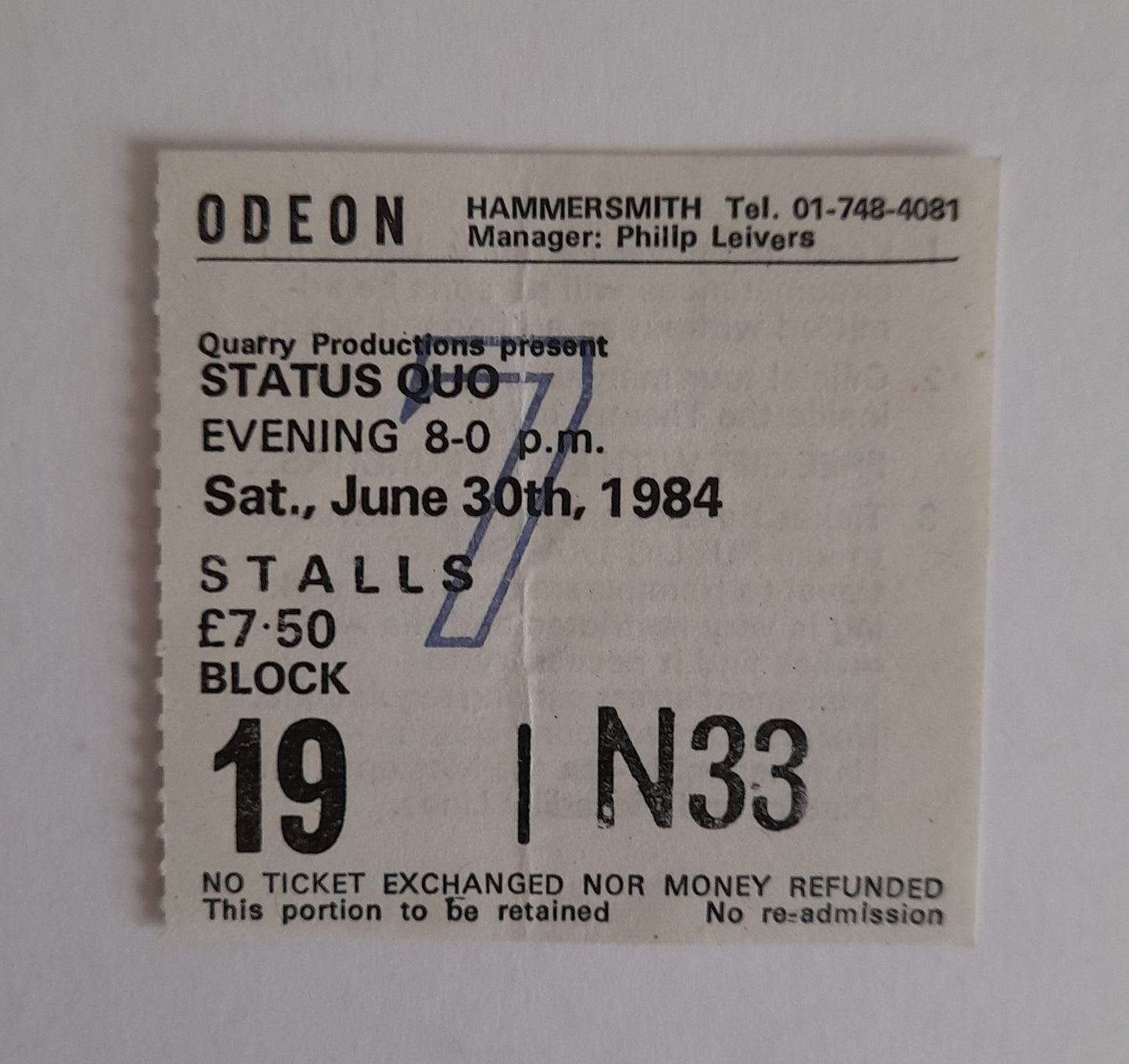 Status Quo used Ticket Stub - Hammersmith Odeon 1984